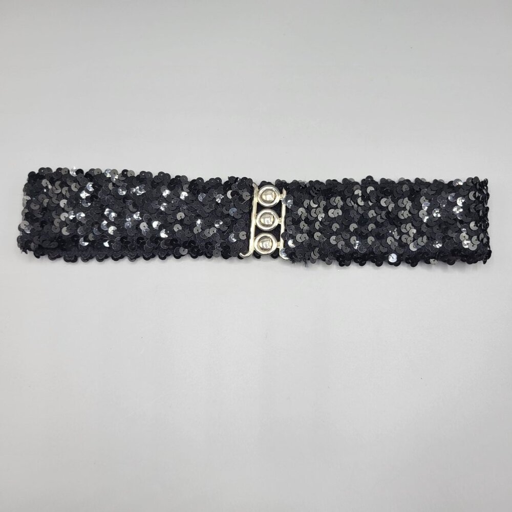 Vintage Black Sequin Elastic Stretch Belt Metal Clasp Closure Clubwear - Picture 3 of 6